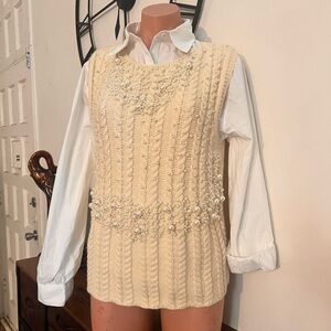 Elegant Cream Knit Top with Pearl Accents and white shirt